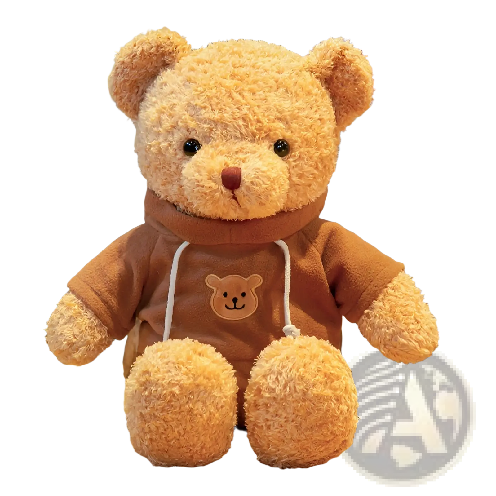 A plush tan teddy bear soft stuffed animal doll wearing a brown hoodie with white drawstrings and embroidered face patch