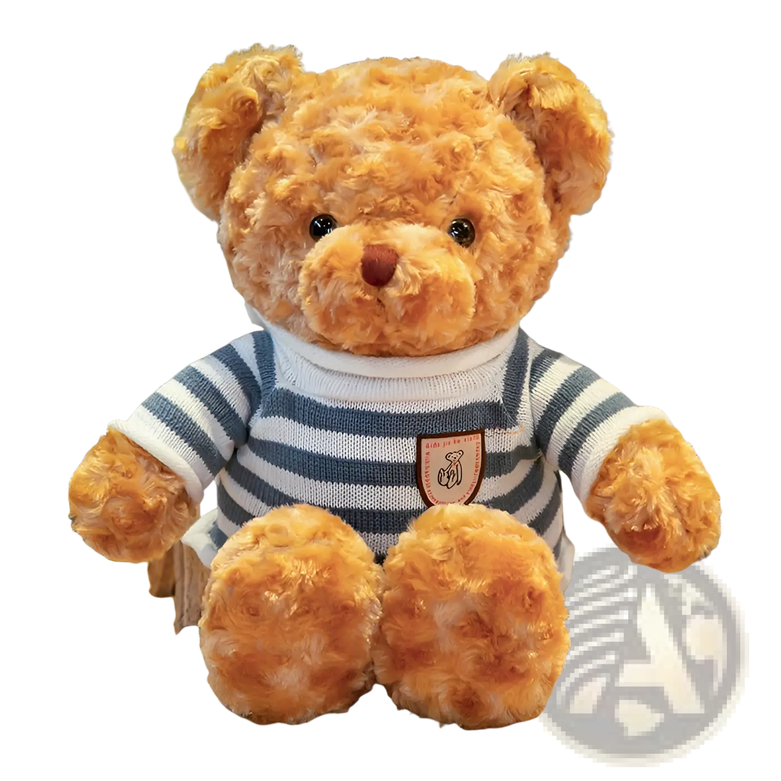 Tan teddy bear plush toy wearing a blue and white striped knit sweater with an embroidered chest patch