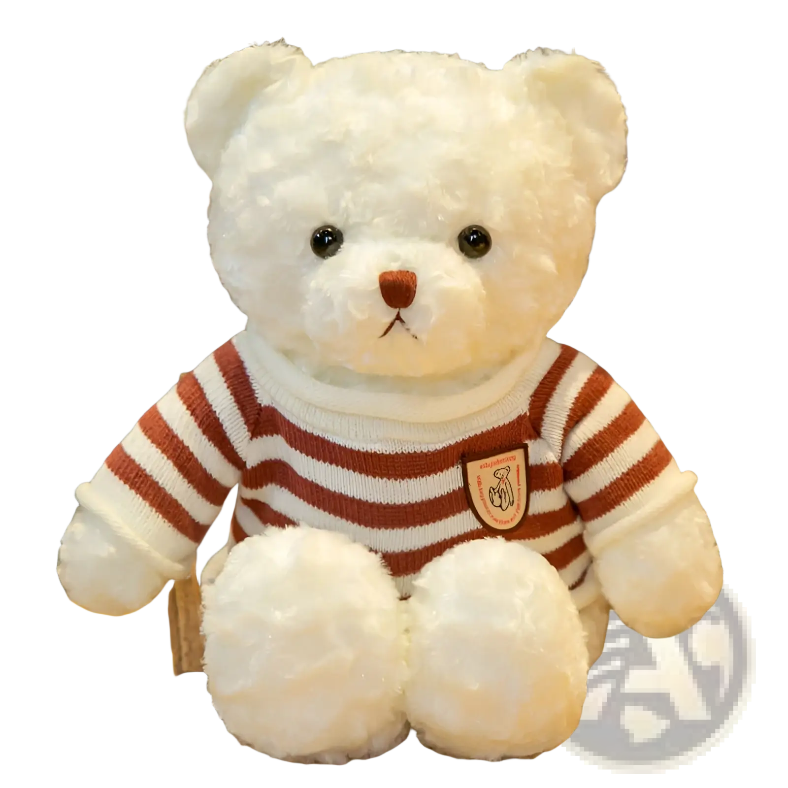 A plush white teddy bear wearing a red and white striped sweater with an embroidered chest patch soft stuffed animal doll