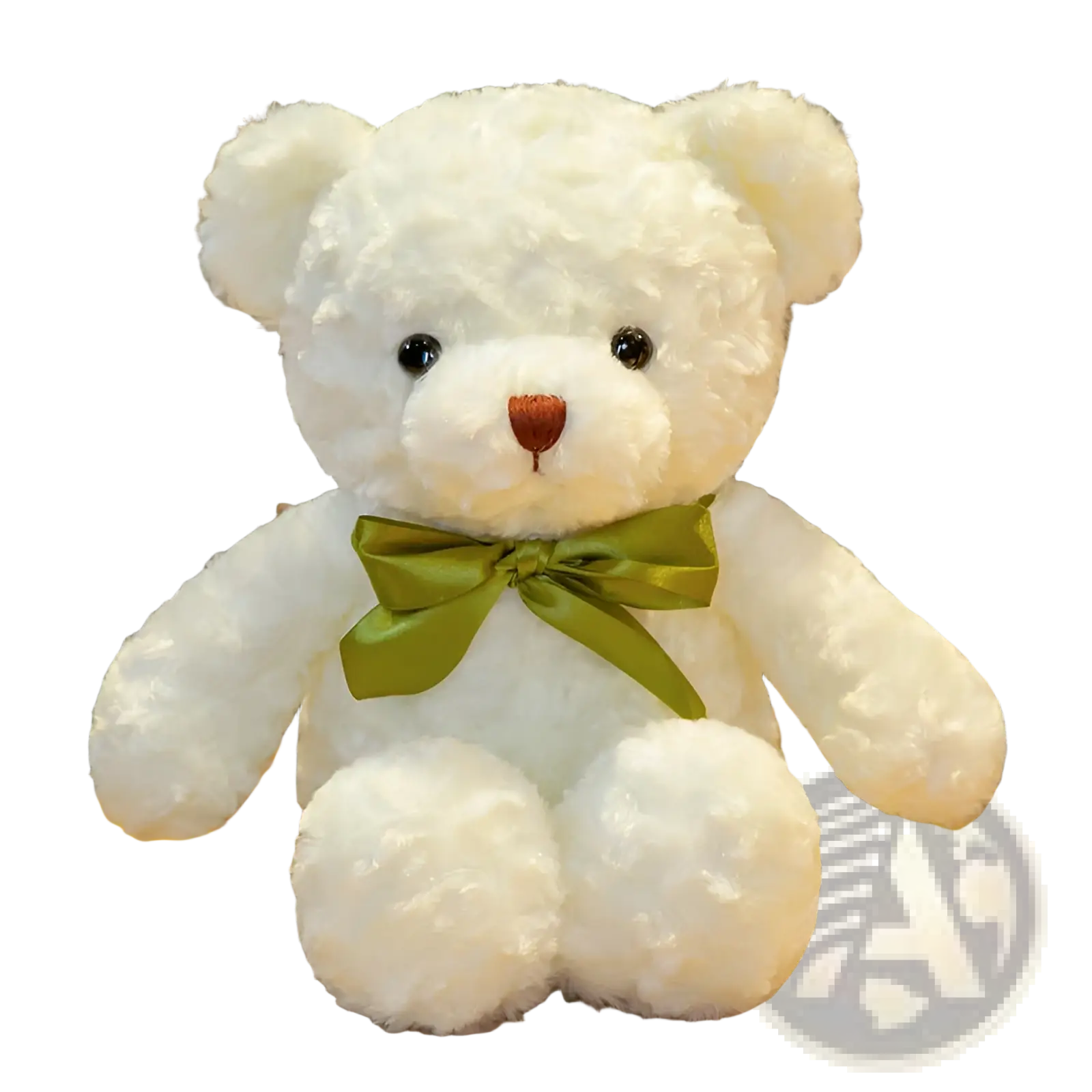 A plush white teddy bear soft stuffed animal with fluffy fur and an olive green satin bow around its neck