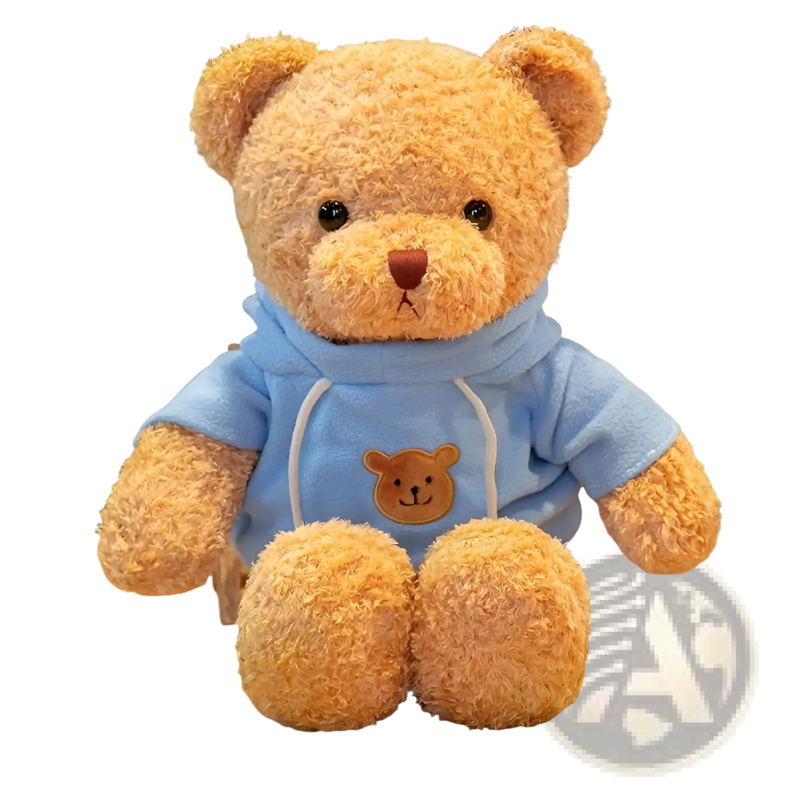 A plush tan teddy bear wearing a light blue hoodie with white drawstrings soft stuffed animal doll