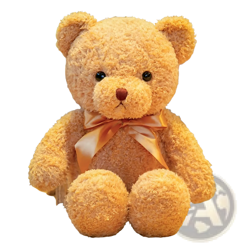 Teddy bear plush toy soft stuffed animal doll in tan with soft curly fur texture and shiny black eyes