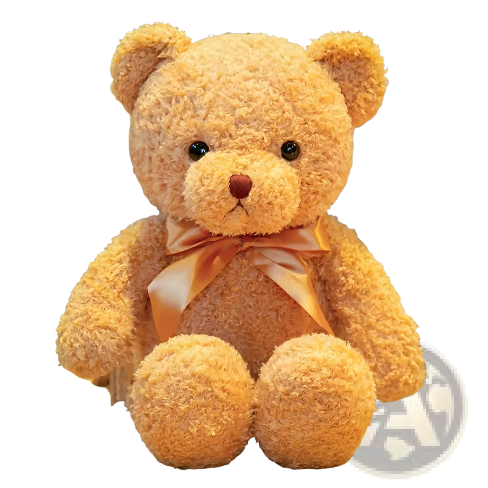 Teddy bear plush toy soft stuffed animal doll in tan with soft curly fur texture and shiny black eyes