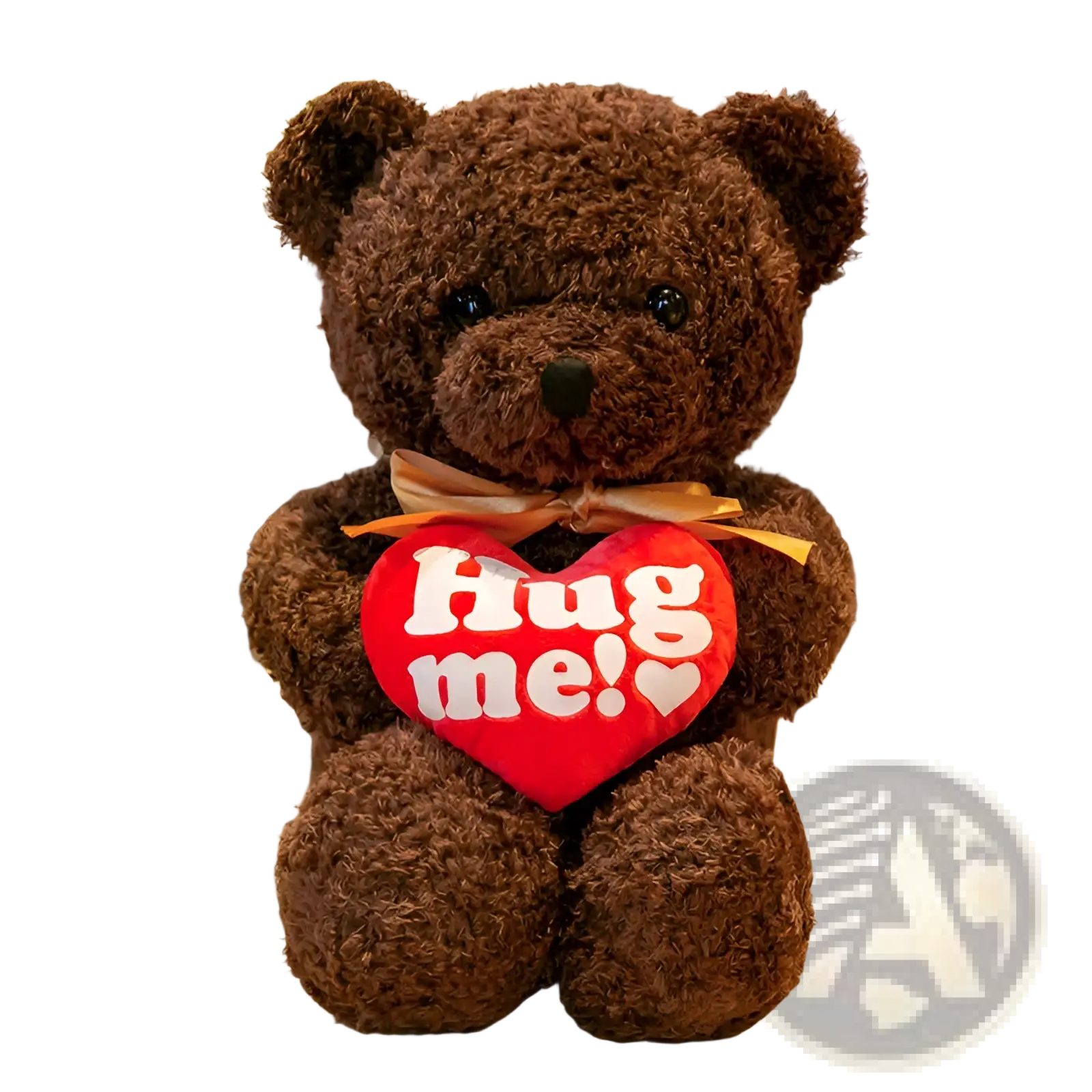 A plush brown teddy bear soft stuffed animal with curly fur holding a red heart pillow that reads hug me