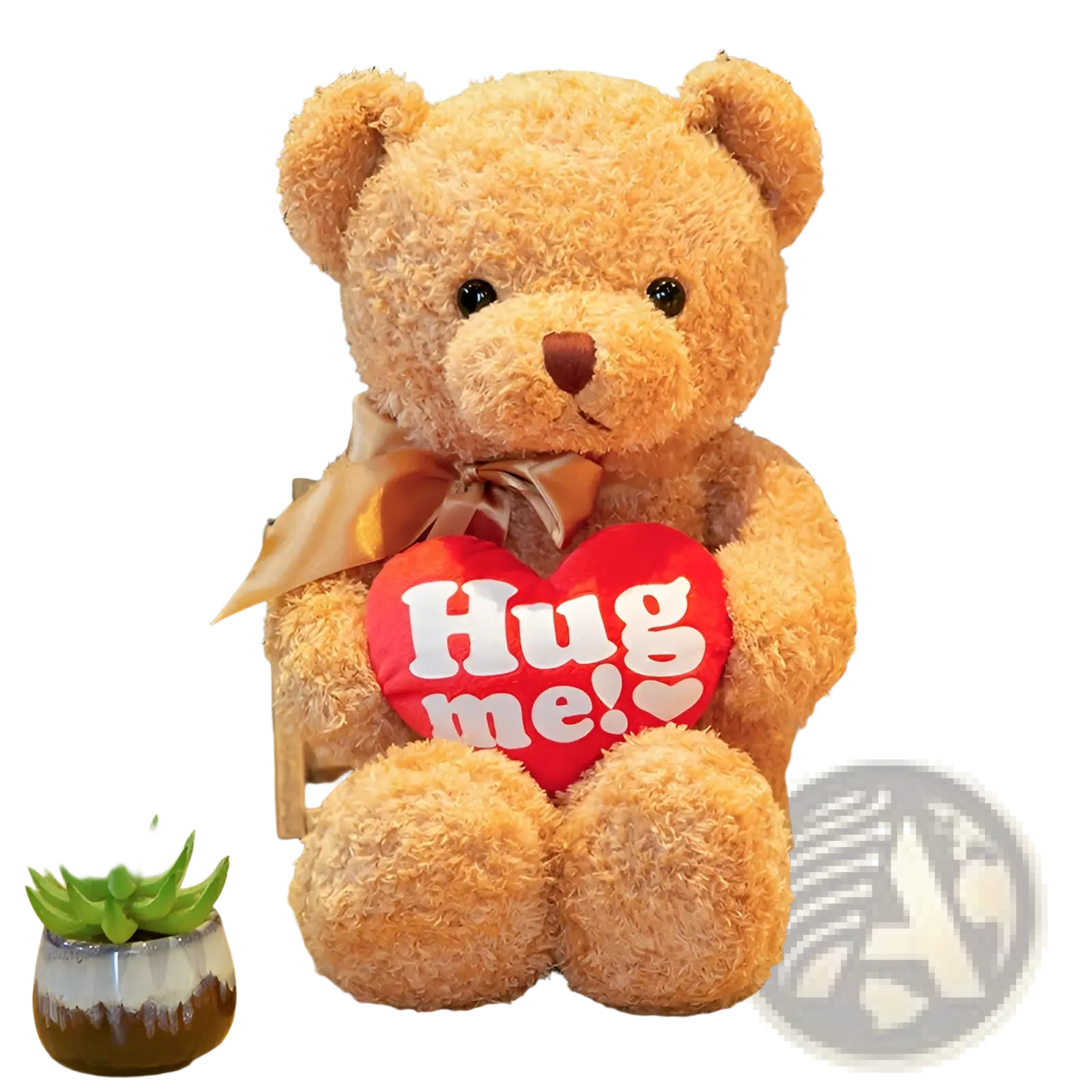 A plush tan teddy bear soft stuffed animal doll with black button eyes holding a red heart-shaped hug me pillow