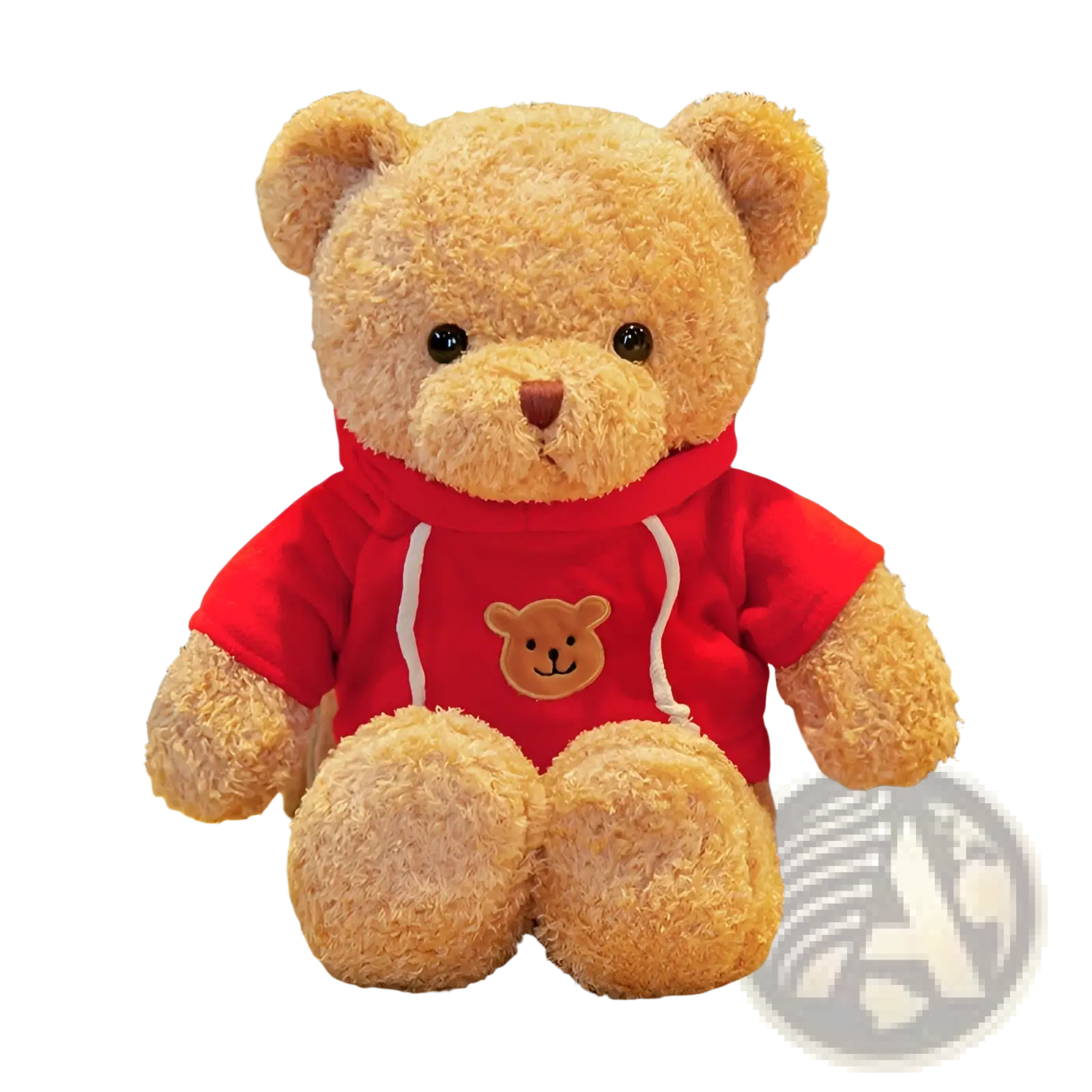 A plush tan teddy bear soft stuffed animal doll wearing a red hoodie with white drawstrings and embroidered bear face