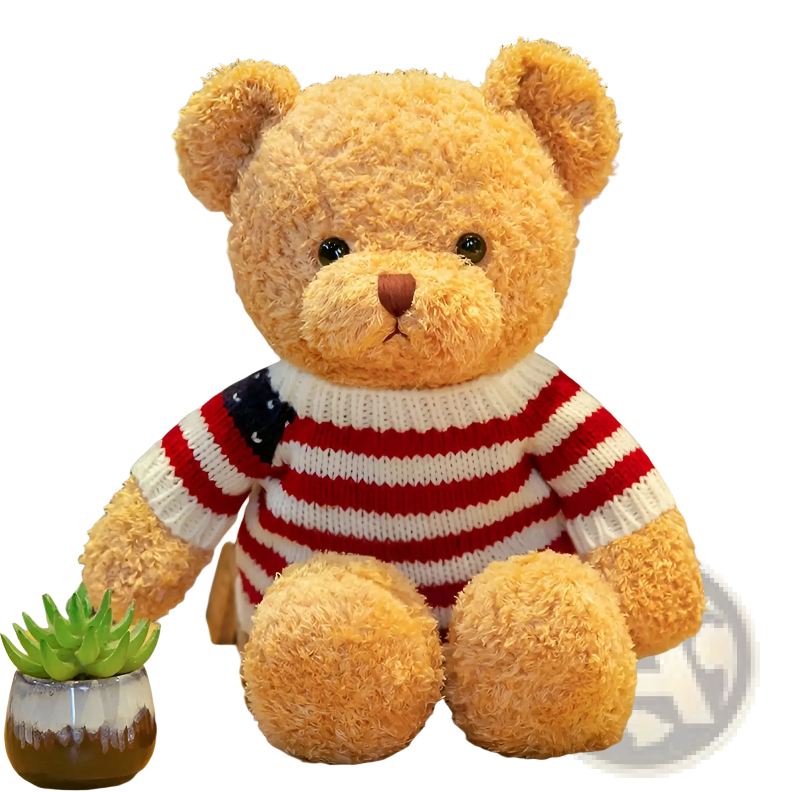 A plush tan teddy bear stuffed animal wearing a red and white striped knit sweater with an American flag patch