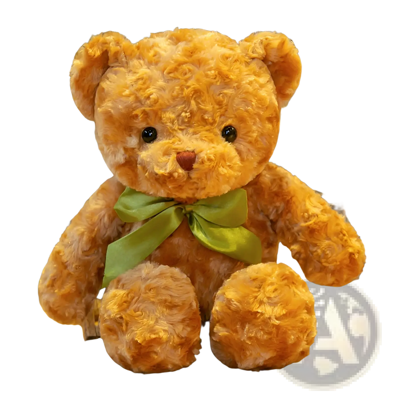 A plush teddy bear soft stuffed animal doll with golden brown curly fur and a shiny green satin bow around its neck