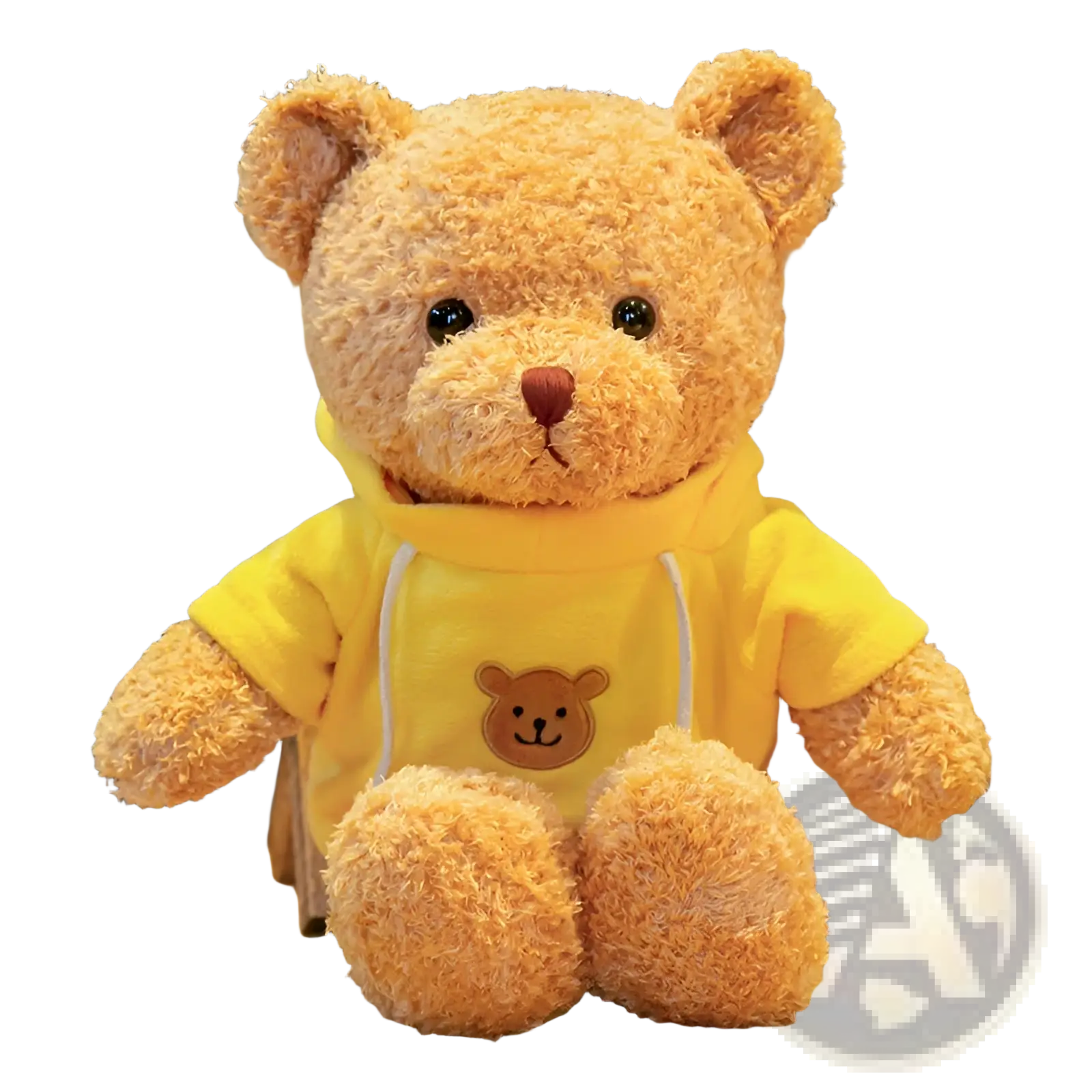 A plush tan teddy bear wearing a yellow hoodie with white drawstrings and embroidered bear face soft stuffed doll