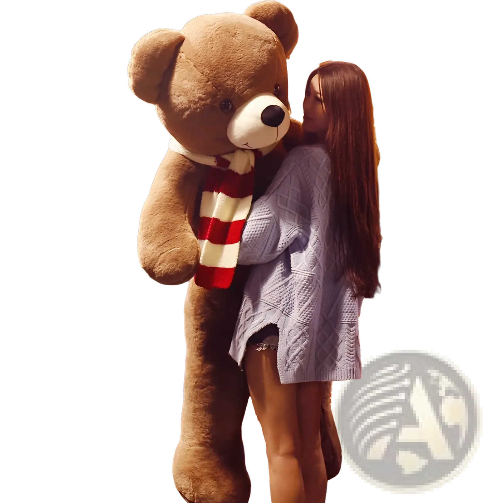 A plush brown teddy bear plush toy with white snout black nose and red and white striped scarf soft stuffed animal doll