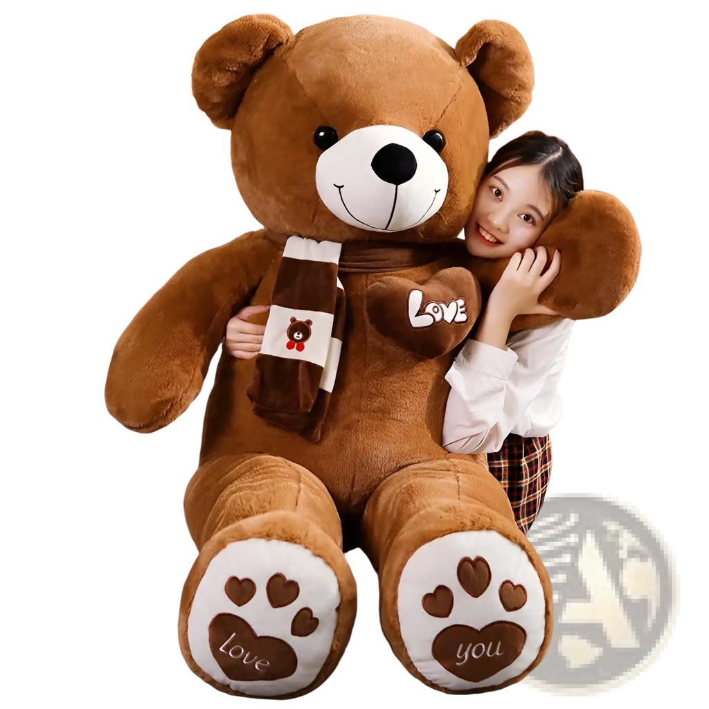 A plush brown teddy bear with soft white paw pads embroidered with heart and love wearing a matching scarf