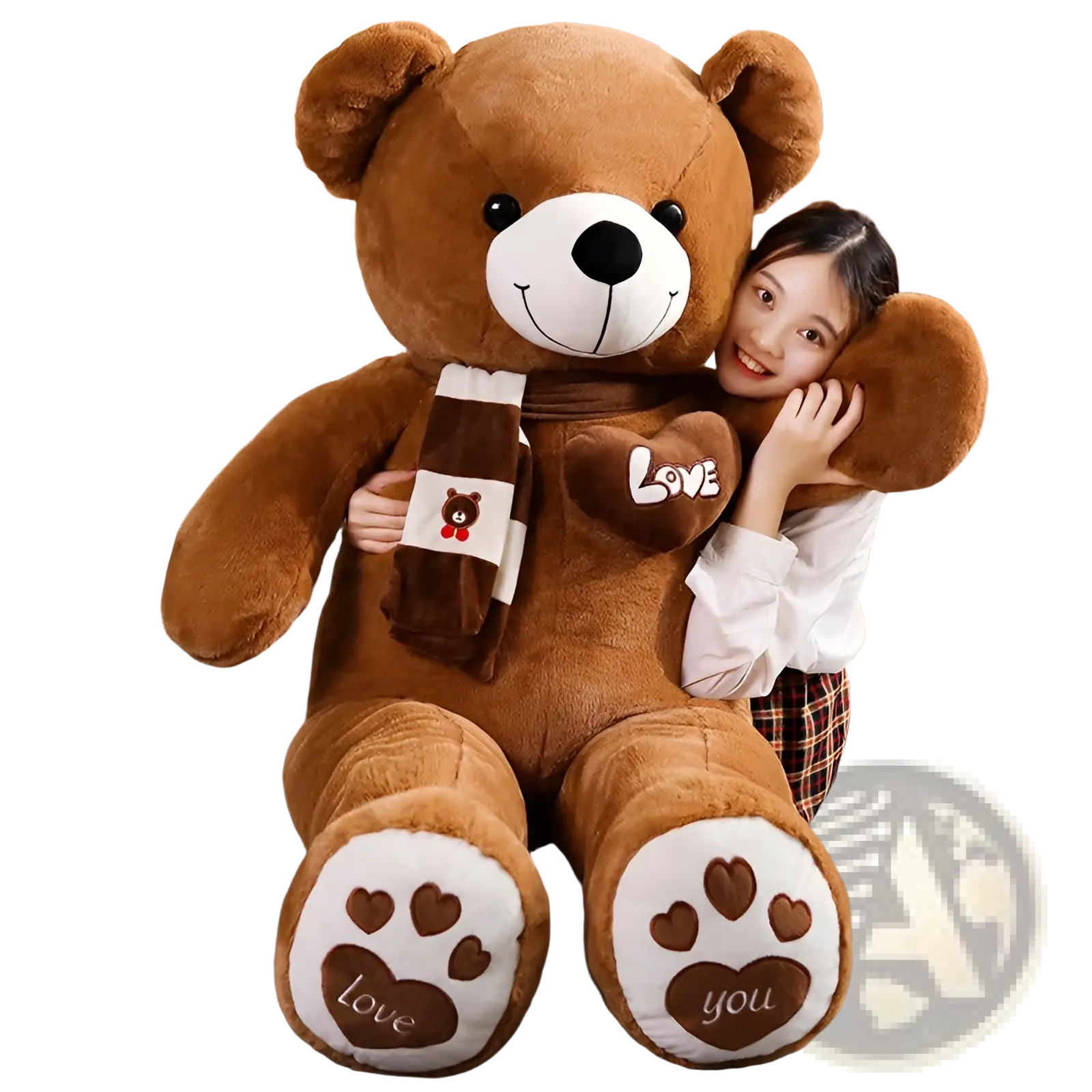 A plush brown teddy bear with soft white paw pads embroidered with heart and love wearing a matching scarf