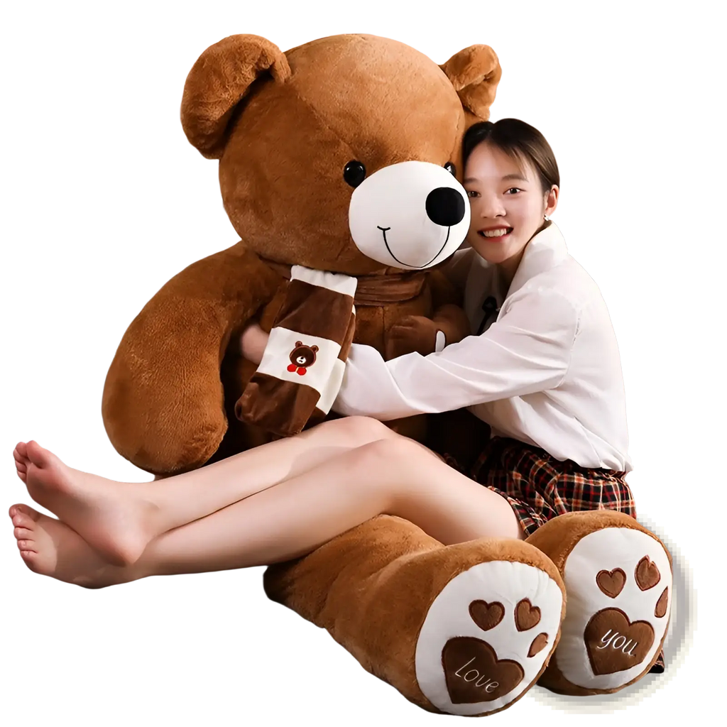 A plush brown teddy bear with white snout and chocolate-themed scarf soft stuffed animal doll 60-100cm