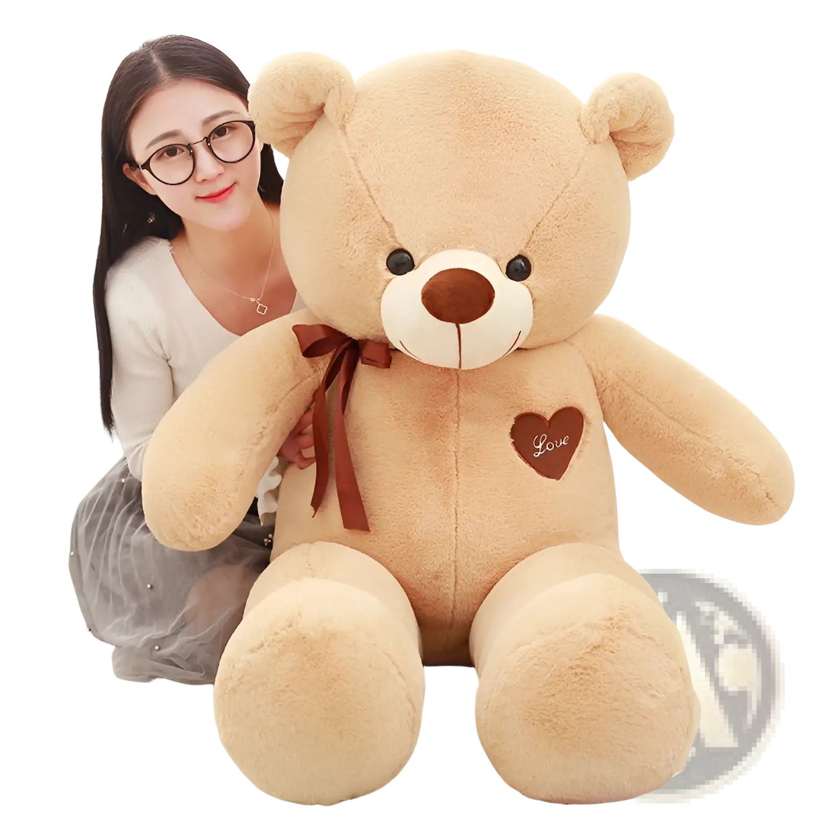 A plush tan teddy bear with a white snout brown nose and eyes soft stuffed animal doll 60-100cm with love patch