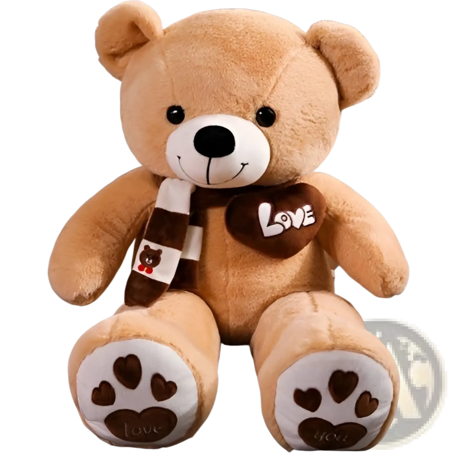 Teddy bear plush toy soft stuffed animal tan with white snout black eyes nose wearing brown striped scarf holding love tag