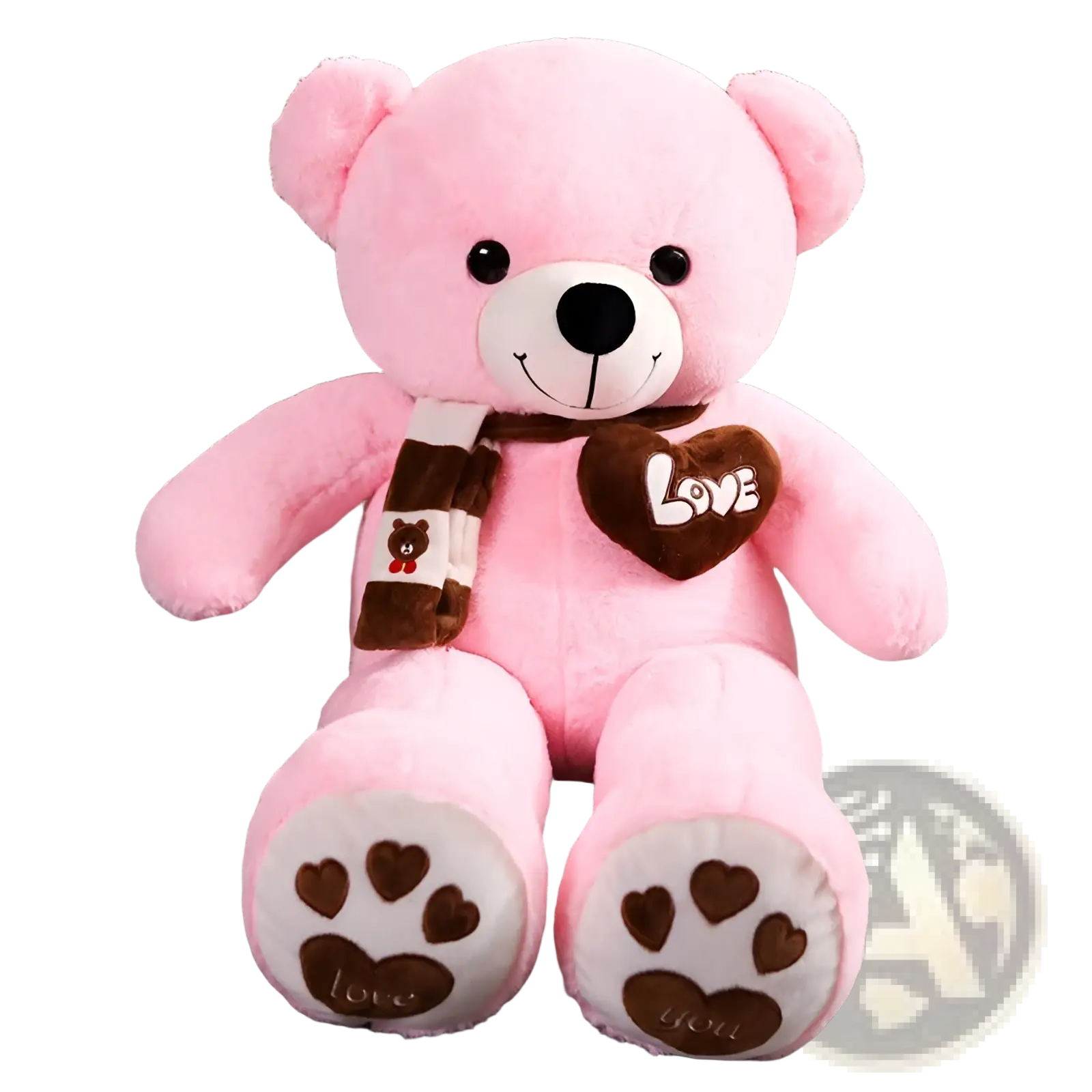 Pink plush teddy bear soft stuffed animal doll 60-100cm with black eyes white snout striped scarf holding heart charm