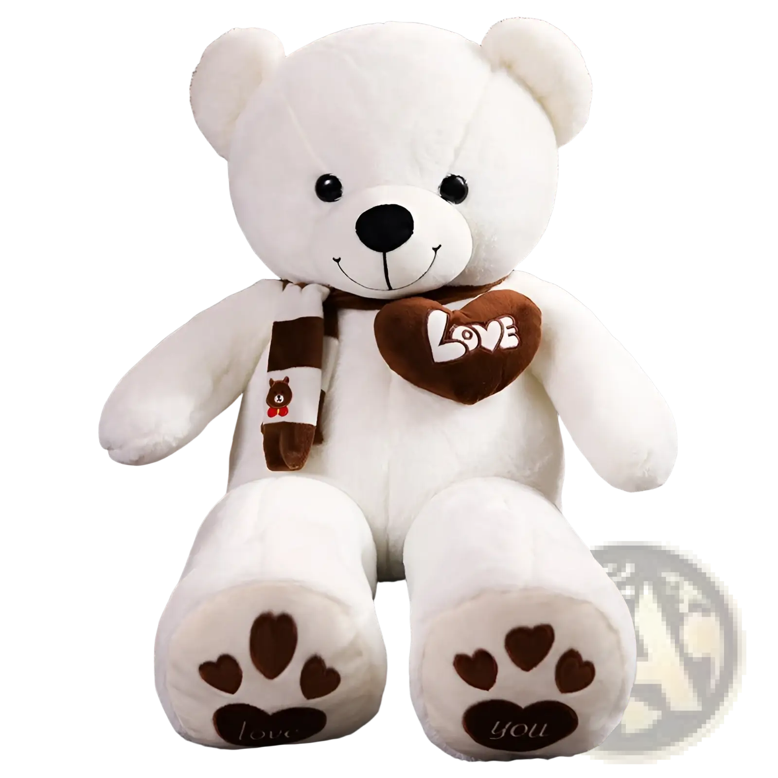 White plush teddy bear soft stuffed animal with black button eyes and brown heart-shaped love scarf 60-100cm