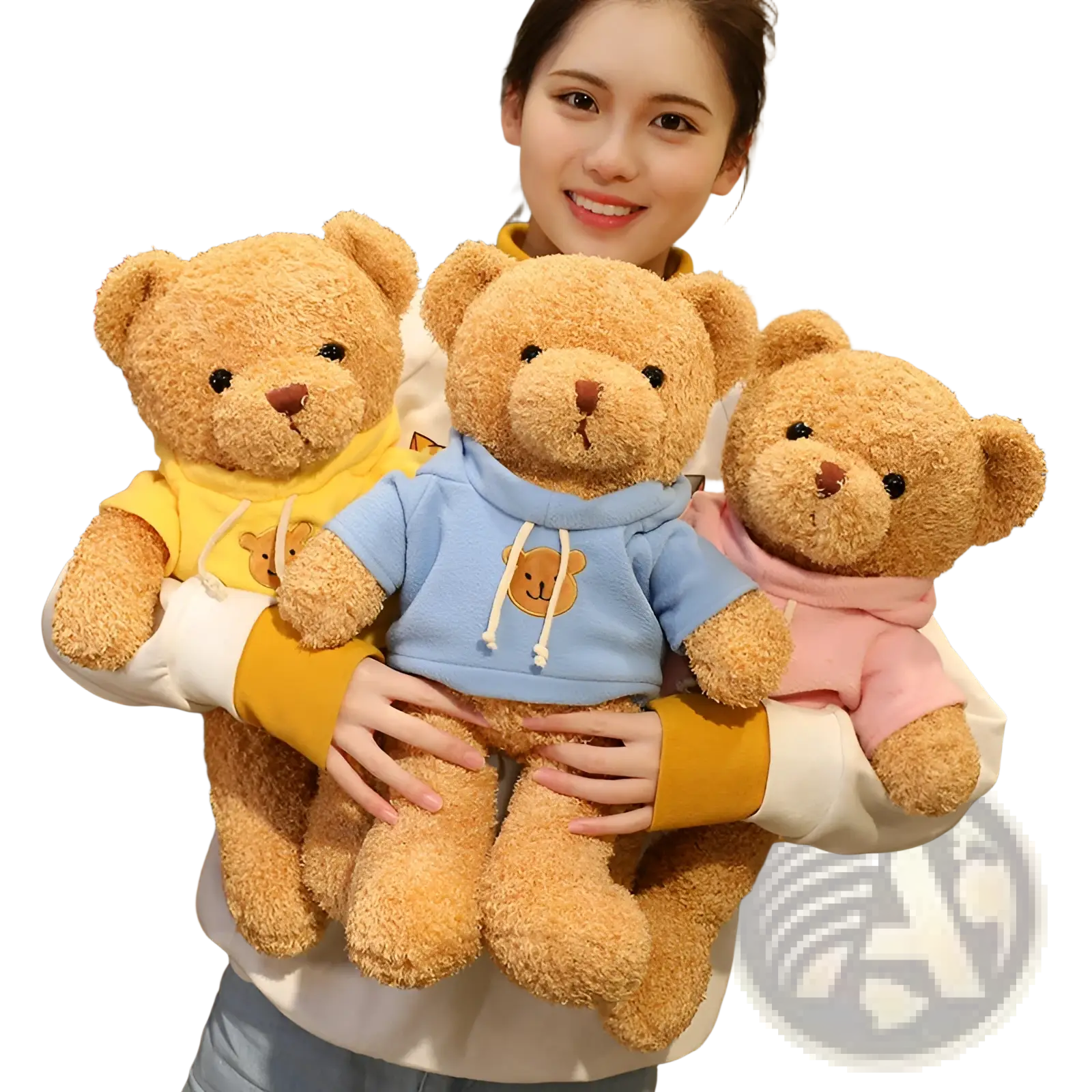 Three plush teddy bear soft stuffed animal dolls with tan fur wearing yellow blue and pink cozy hooded sweatshirts