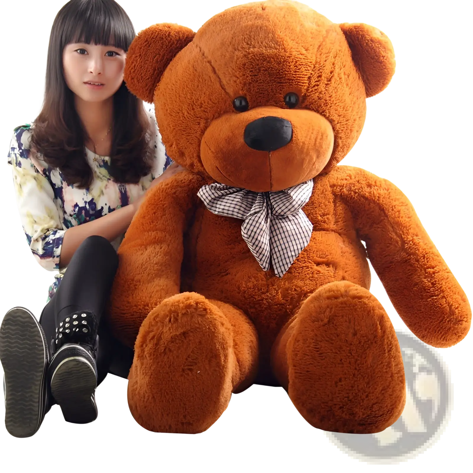 A plush medium-brown teddy bear with black button eyes and a checkered bow tie for kids 40-200cm