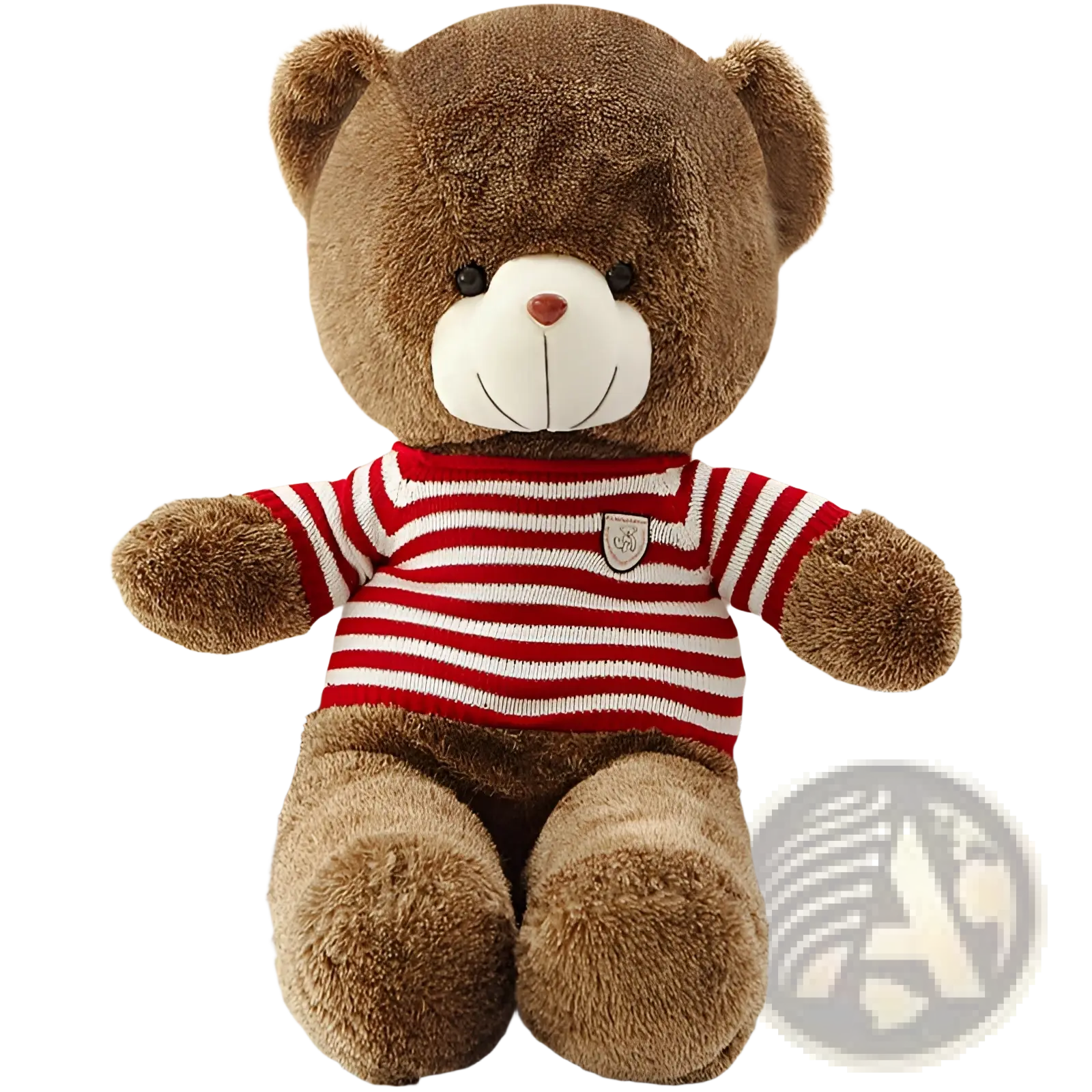 Plush brown teddy bear wearing a red and white striped knit sweater with an embroidered chest patch for kids 40-200cm