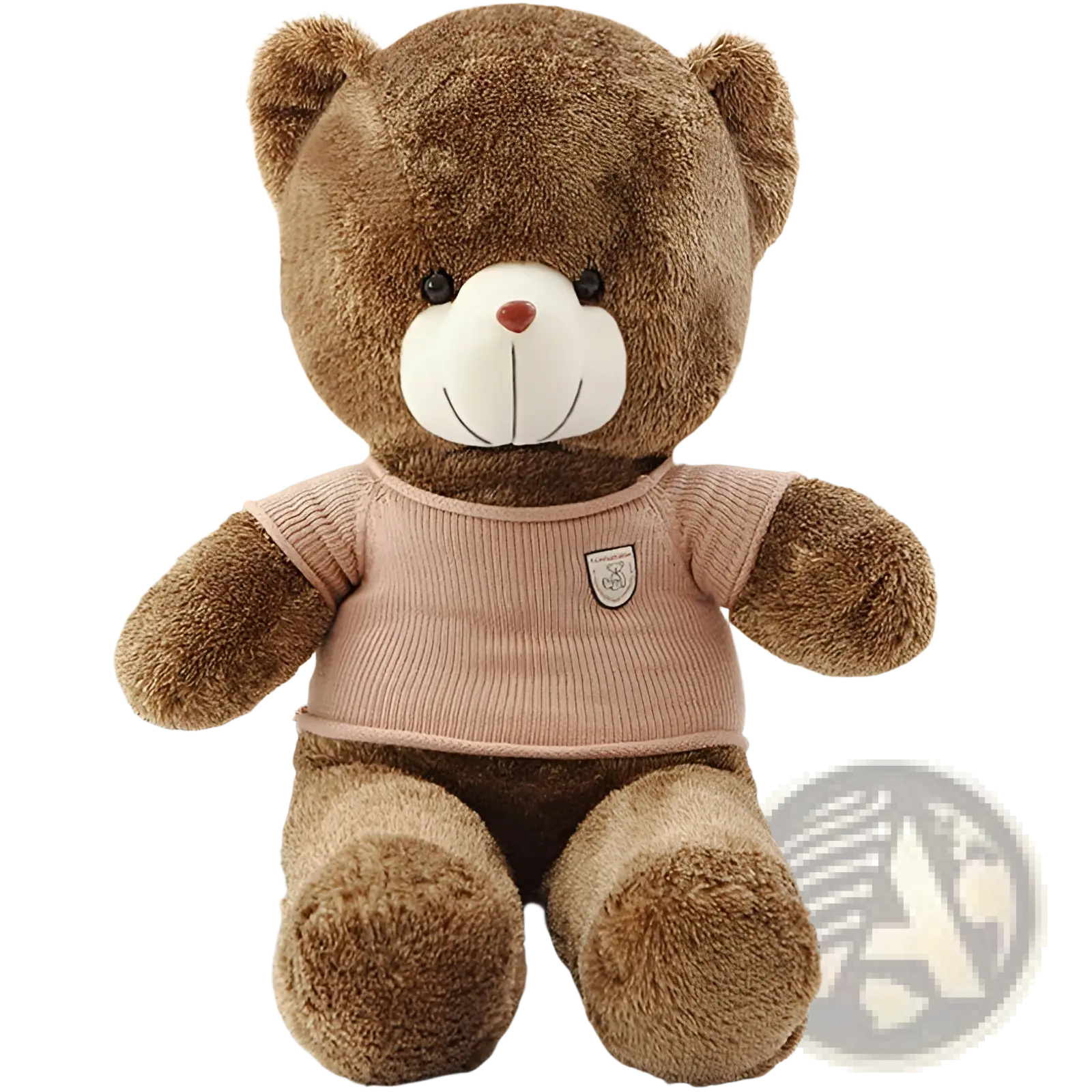 A plush brown teddy bear wearing a pink ribbed knit shirt with a shield patch for kids 40-200cm