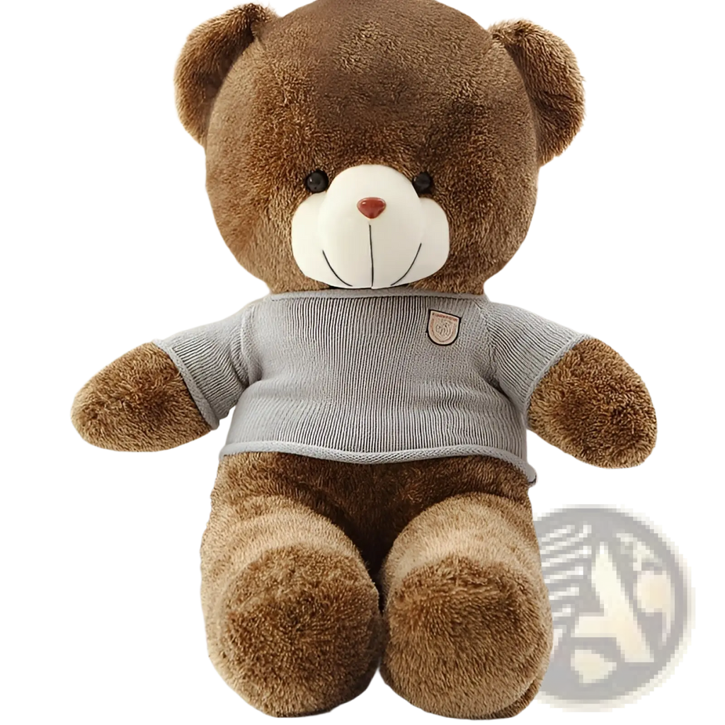 A plush brown teddy bear wearing a gray knitted sweater with a chest patch for kids 40-200cm stuffed toy