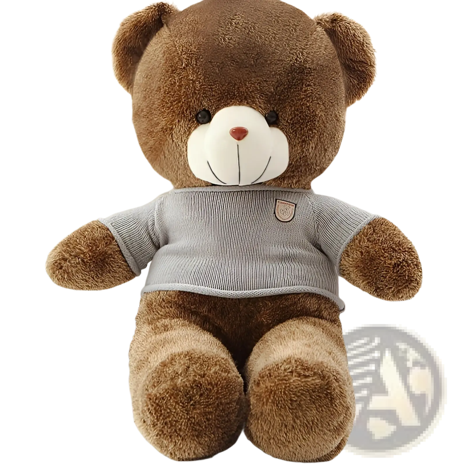 A plush brown teddy bear wearing a gray knitted sweater with a chest patch for kids 40-200cm stuffed toy