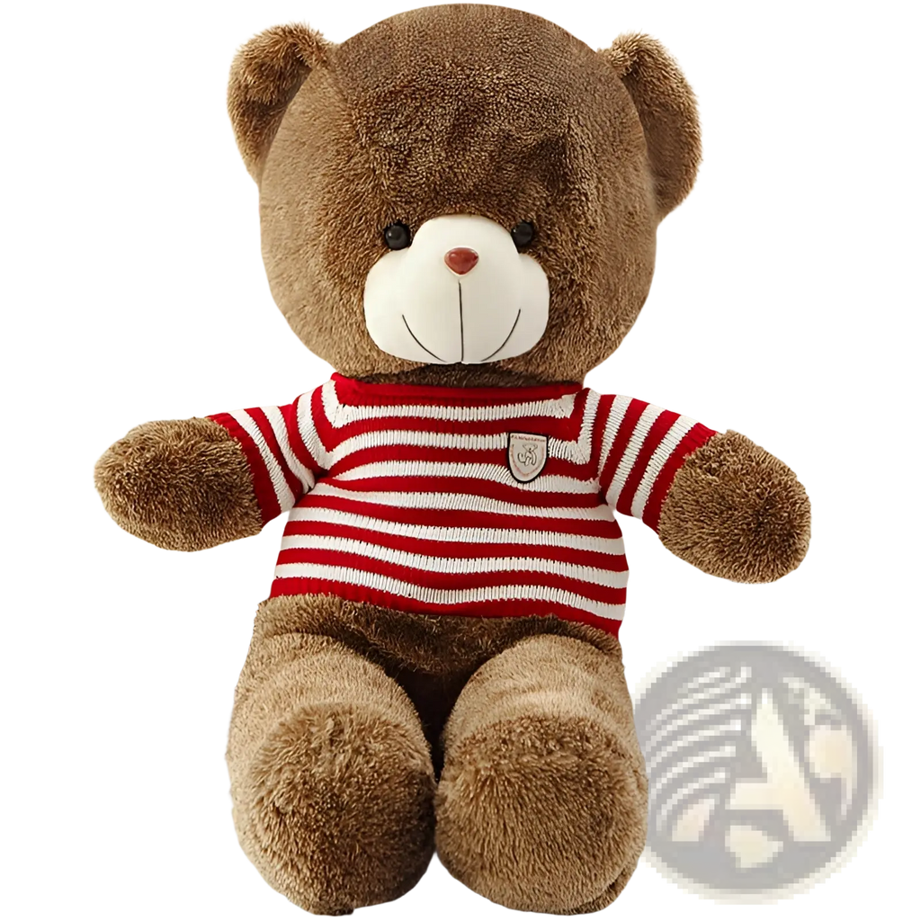 A plush brown teddy bear wearing a red and white striped knit sweater with an embroidered chest patch for kids