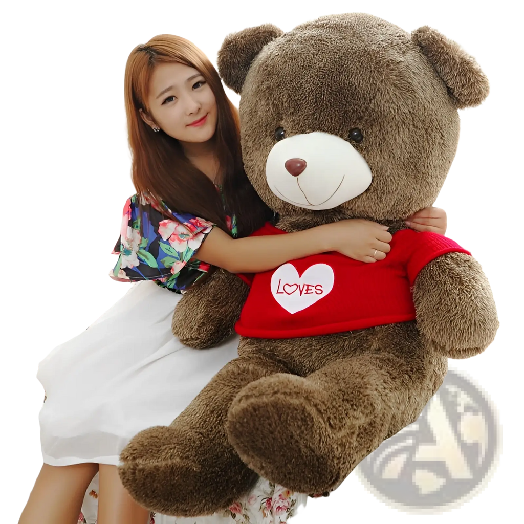 Brown plush teddy bear wearing a red shirt with a white heart and loves printed on it for kids 40-200cm