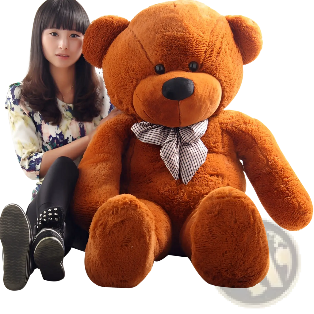 A medium brown plush teddy bear stuffed animal with black button eyes and a checkered bow tie for kids