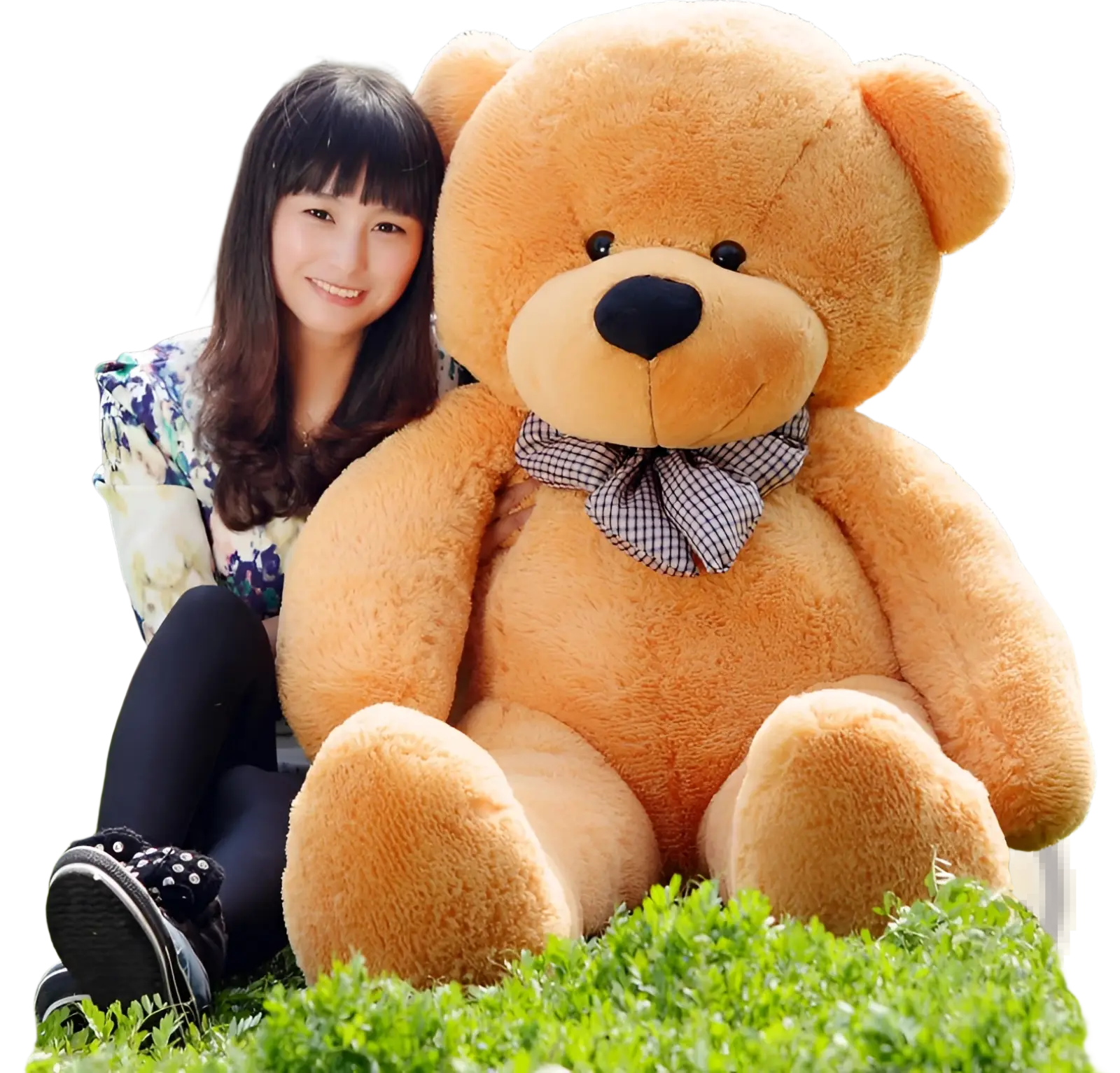 A plush tan teddy bear stuffed animal with button eyes and a checkered bow tie for kids 40-200cm