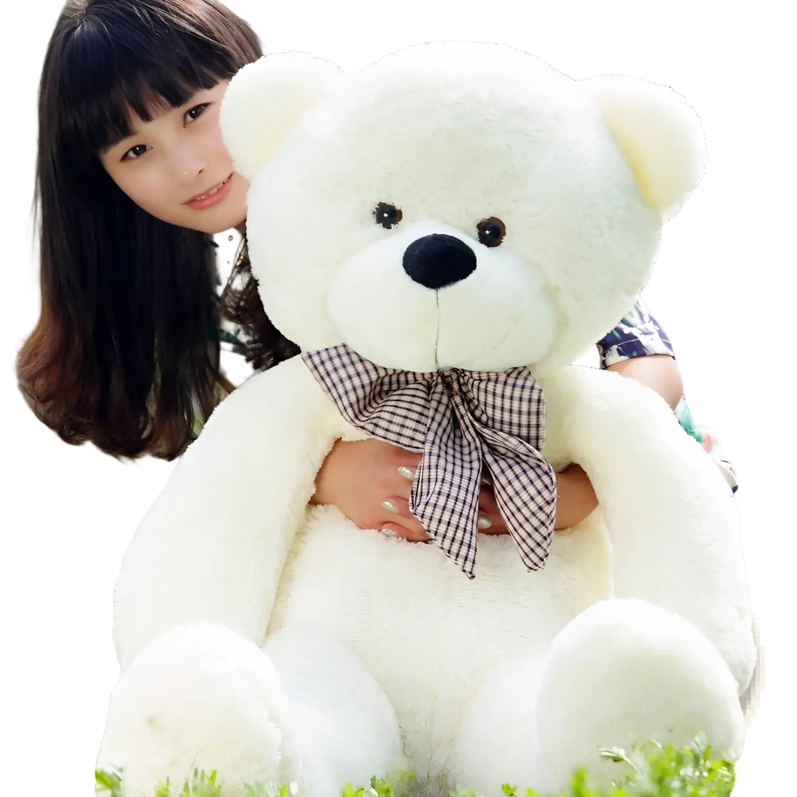 A plush white teddy bear with black button eyes and a checkered bow tie perfect for kids 40-200cm tall