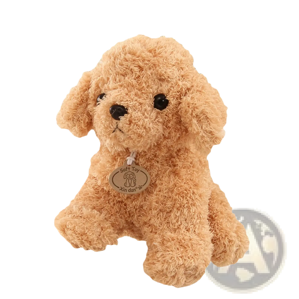 A plush tan poodle teddy dog stuffed animal with black button eyes and nose wearing a wooden soft toy xin dan tag