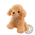 A plush tan poodle teddy dog stuffed animal with black button eyes and nose wearing a wooden soft toy xin dan tag