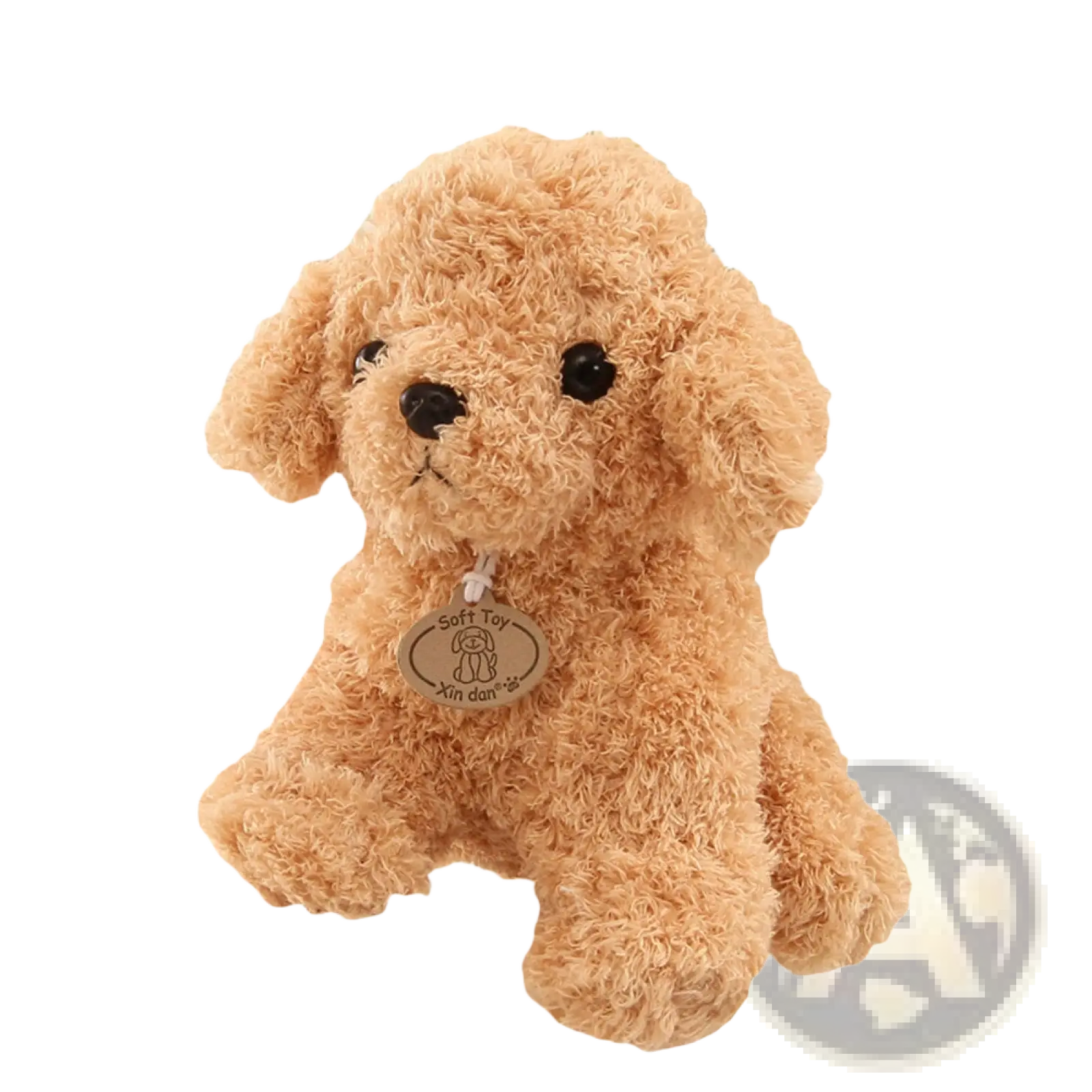 A plush tan poodle teddy dog stuffed animal with black button eyes and nose wearing a wooden soft toy xin dan tag