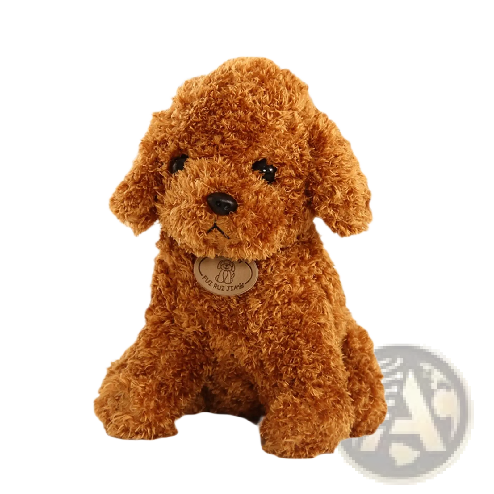 Teddy dog plush toy fluffy poodle stuffed animal brown with curly fur and black button eyes 18cm tall