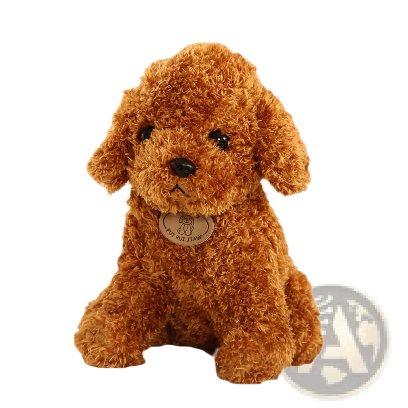 Teddy dog plush toy of a 25cm tall brown fluffy poodle stuffed animal with curly fur and black button eyes
