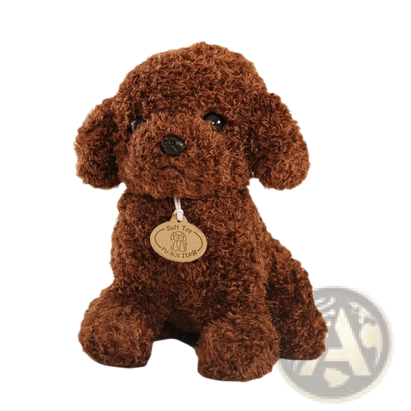 A plush brown teddy dog fluffy poodle stuffed animal toy with curly fur black button eyes and nose sitting upright