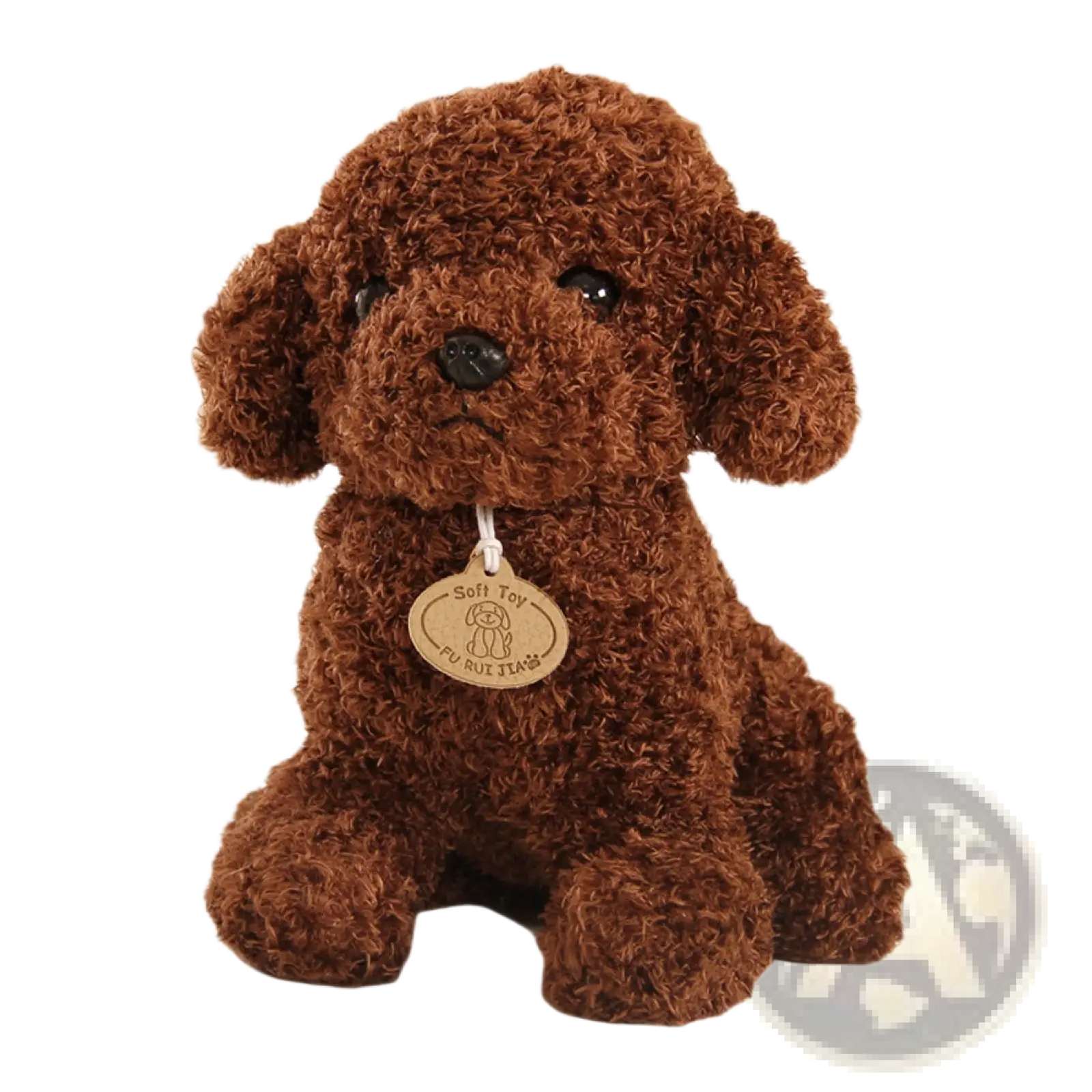 A plush brown teddy dog plush toy fluffy poodle stuffed animal with curly fur and black button eyes sitting upright