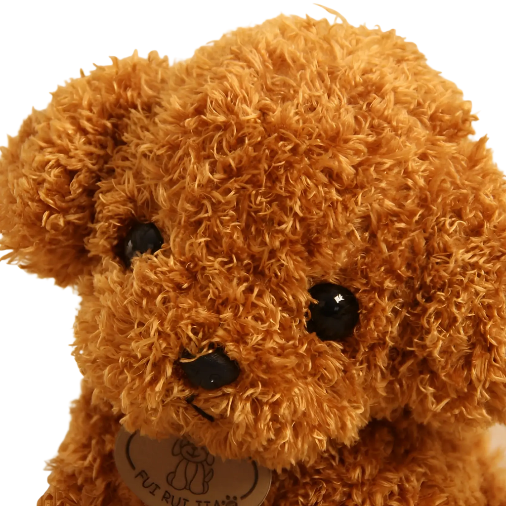 A fluffy golden-brown plush teddy bear with shiny black button eyes and nose in a teddy dog plush toy design