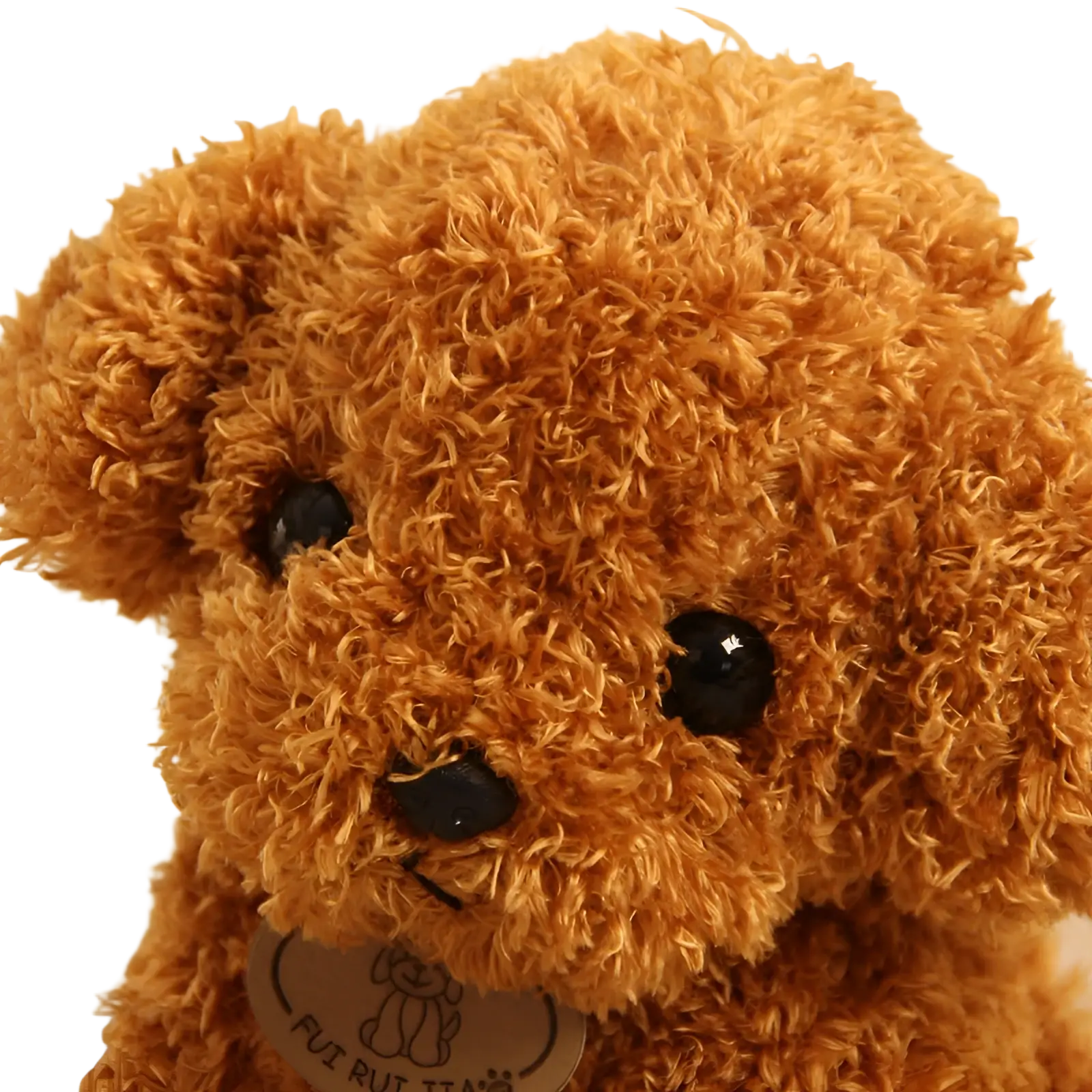 A fluffy golden-brown plush teddy bear with shiny black button eyes and nose in a teddy dog plush toy design