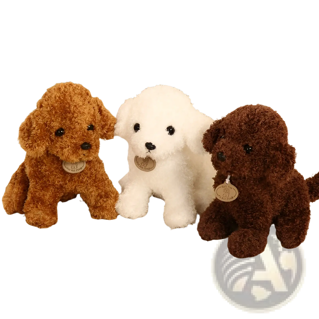 Three teddy dog plush toy fluffy poodle stuffed animals in light brown white and dark brown with black button eyes and tags