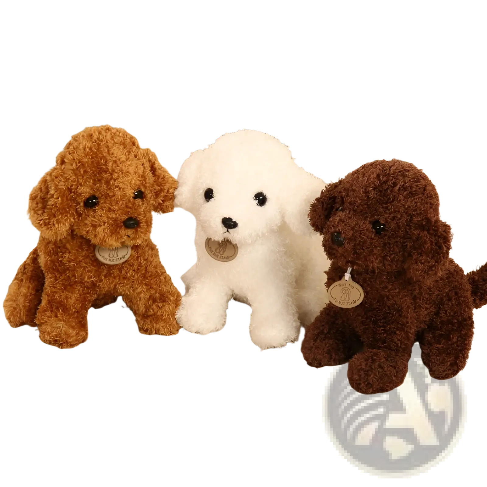 Three teddy dog plush toy fluffy poodle stuffed animals in light brown white and dark brown with black button eyes and tags