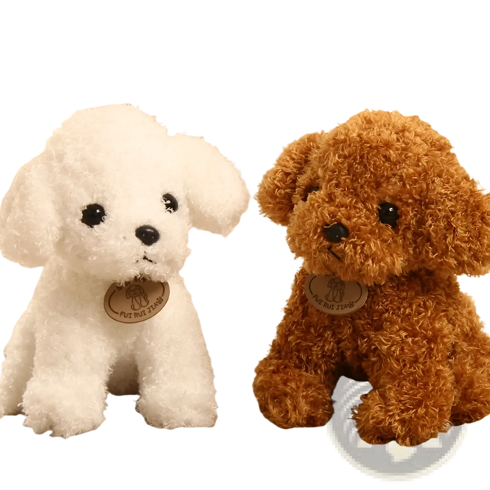 Two teddy dog plush toy fluffy poodle stuffed animals in white and brown with button eyes and circular tags