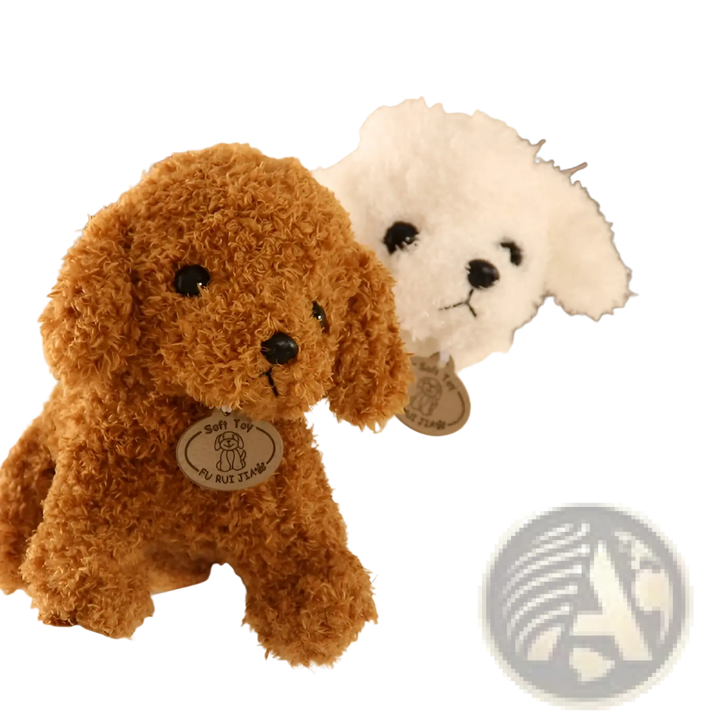 Teddy dog plush toy fluffy brown poodle stuffed animal with black button eyes and soft toy circular tag