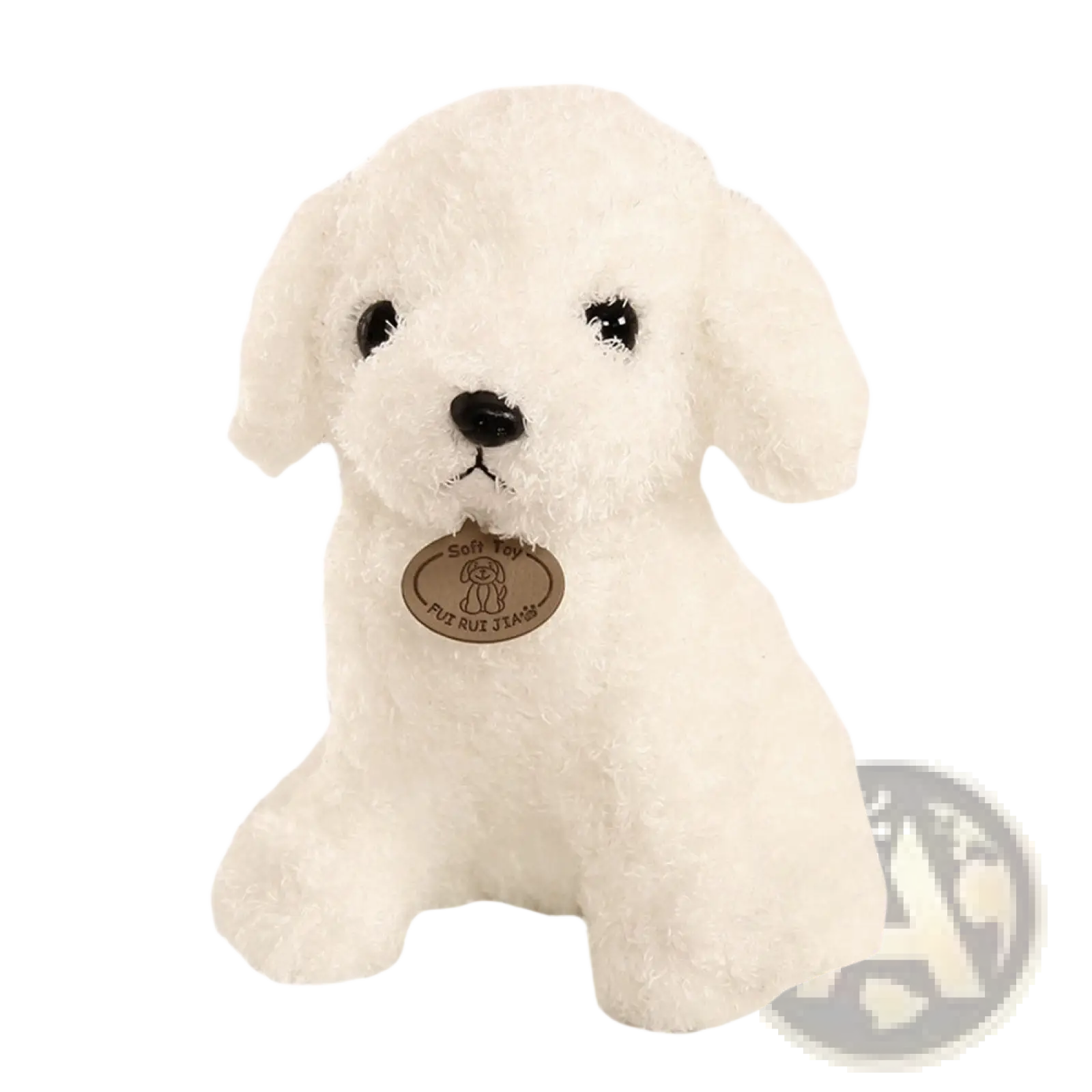 A plush white teddy dog plush toy with black eyes and nose sitting upright resembling a fluffy poodle stuffed animal