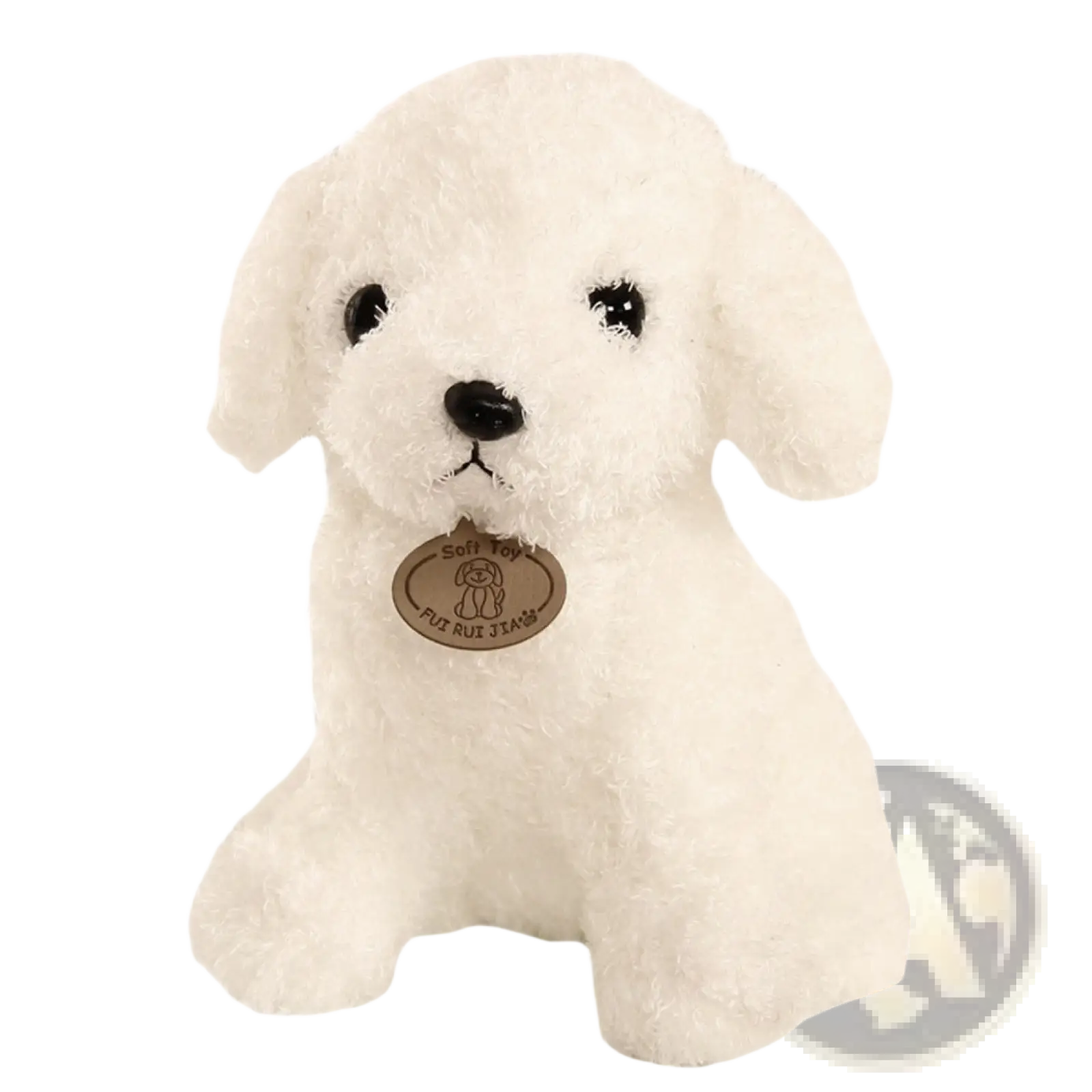 Teddy dog plush toy fluffy white poodle stuffed animal with black eyes and nose sitting upright