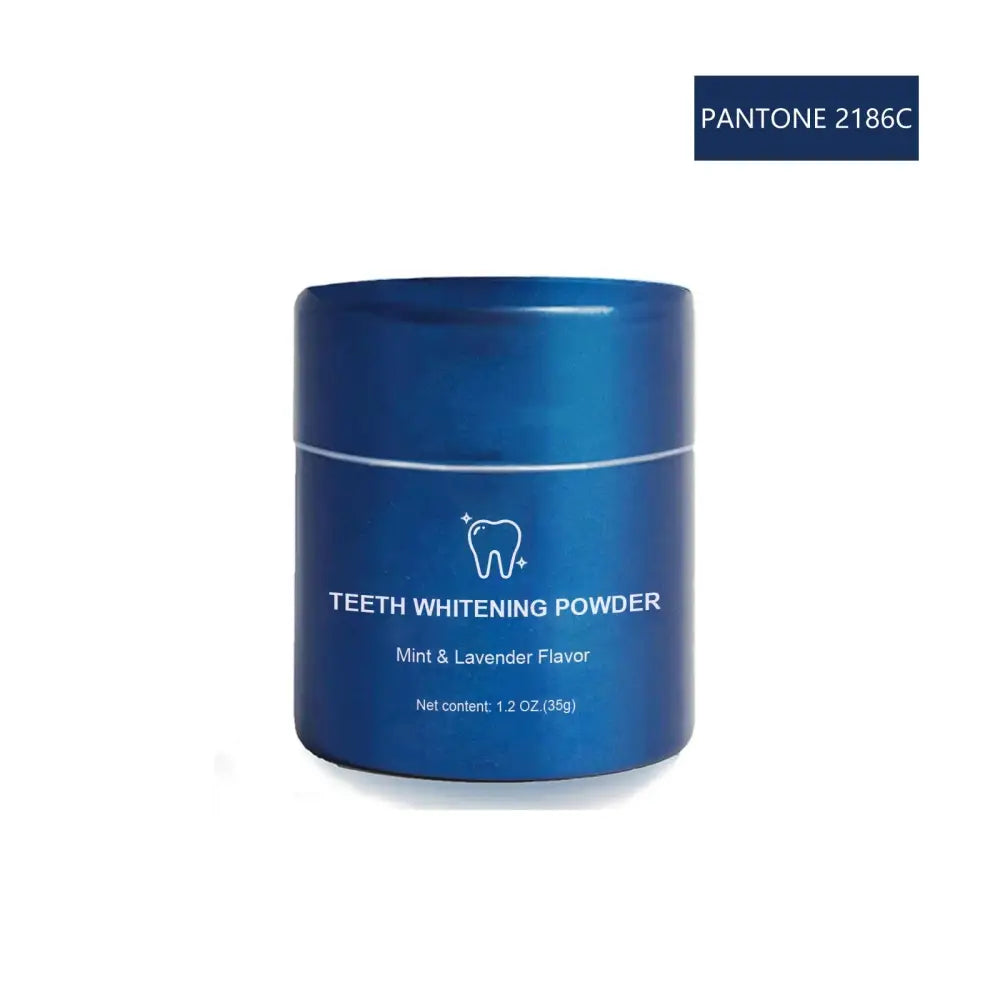 A sleek deep blue cylindrical container of Mint and Lavender teeth whitening powder for stain removal with white labeling
