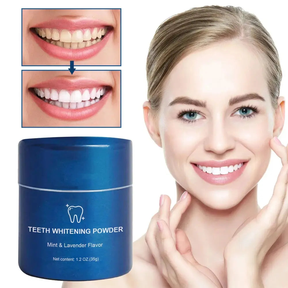 Blue cylindrical container of mint and lavender teeth whitening powder for effective stain removal