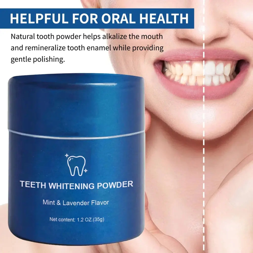 A sleek blue cylindrical container of mint and lavender teeth whitening powder with a white tooth icon for stain removal